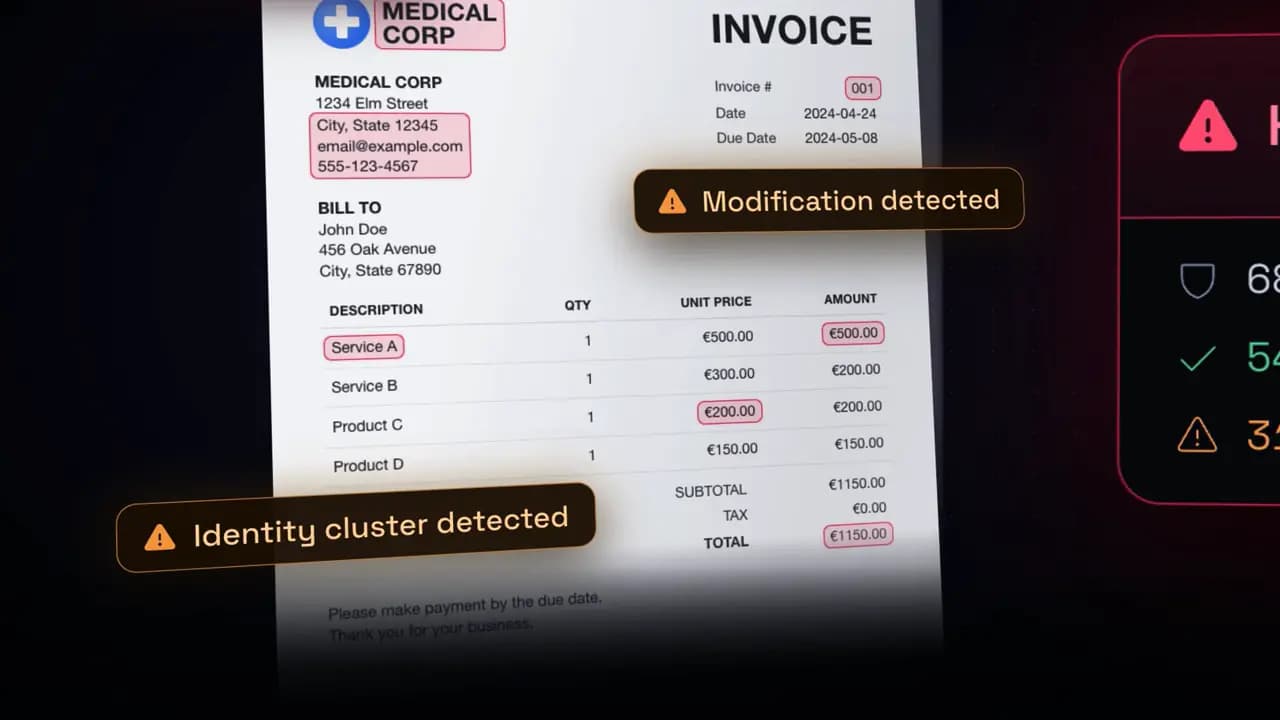 An invoice under forensic analysis with modification and identity-cluster findings marked on the page.
