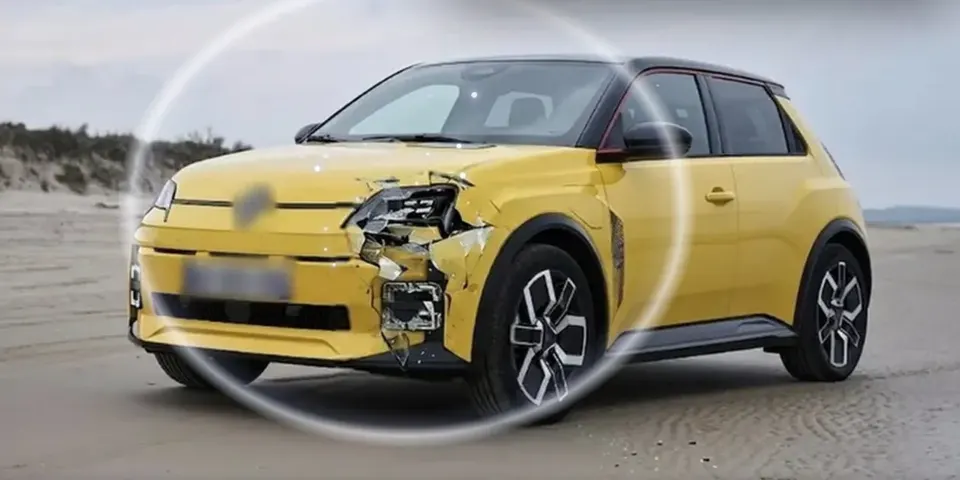 A photo of a yellow car on a beach whose front left light was broken by an AI edit.