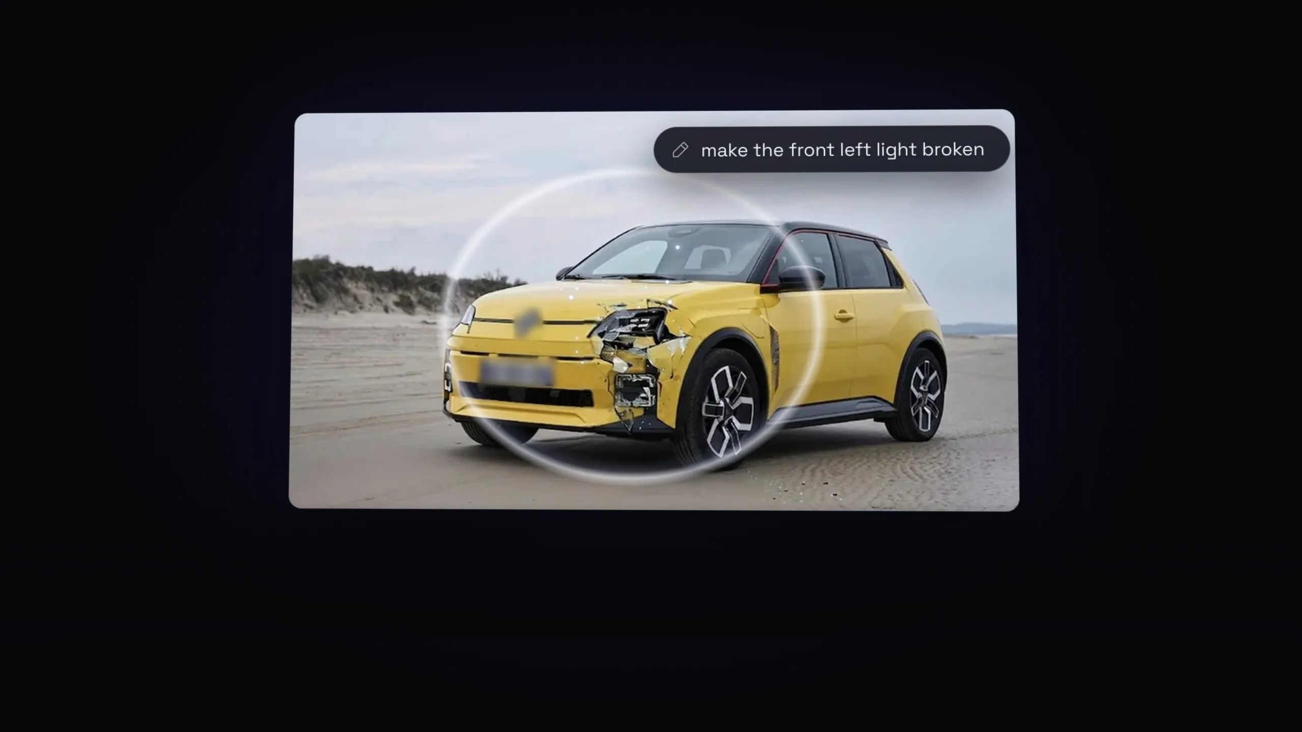 An image edit request, make the front left light broken, applied to a car photo: the kind of AI edit Detector24 looks for.